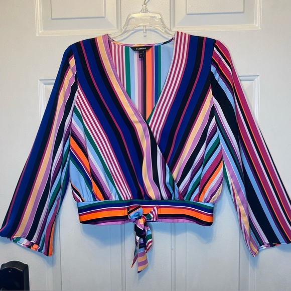 EXPRESS Colorful Cropped Striped V-Neck Faux Wrap Tie Front Blouse Sz XS - Picture 1 of 15